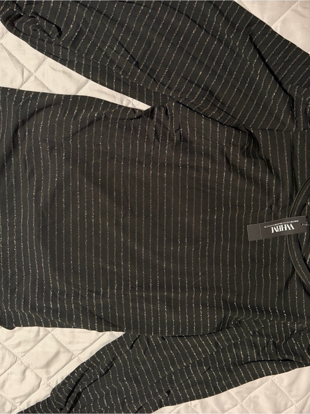 White House Black Market Black Pinstripe Shirt with gold Metallic Accent